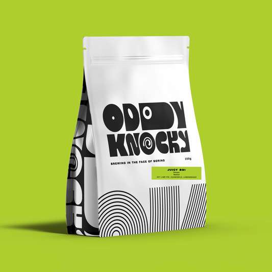 Ethiopian washed coffee Juicy Boi packaging with modern design featuring tasting notes on a green background.