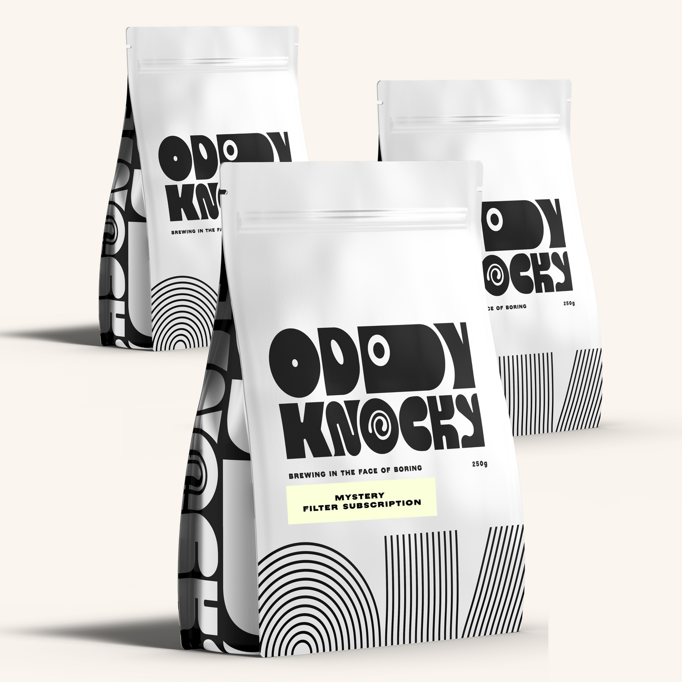 Three bags of Oddly Knocky coffee for a prepaid coffee subscription.