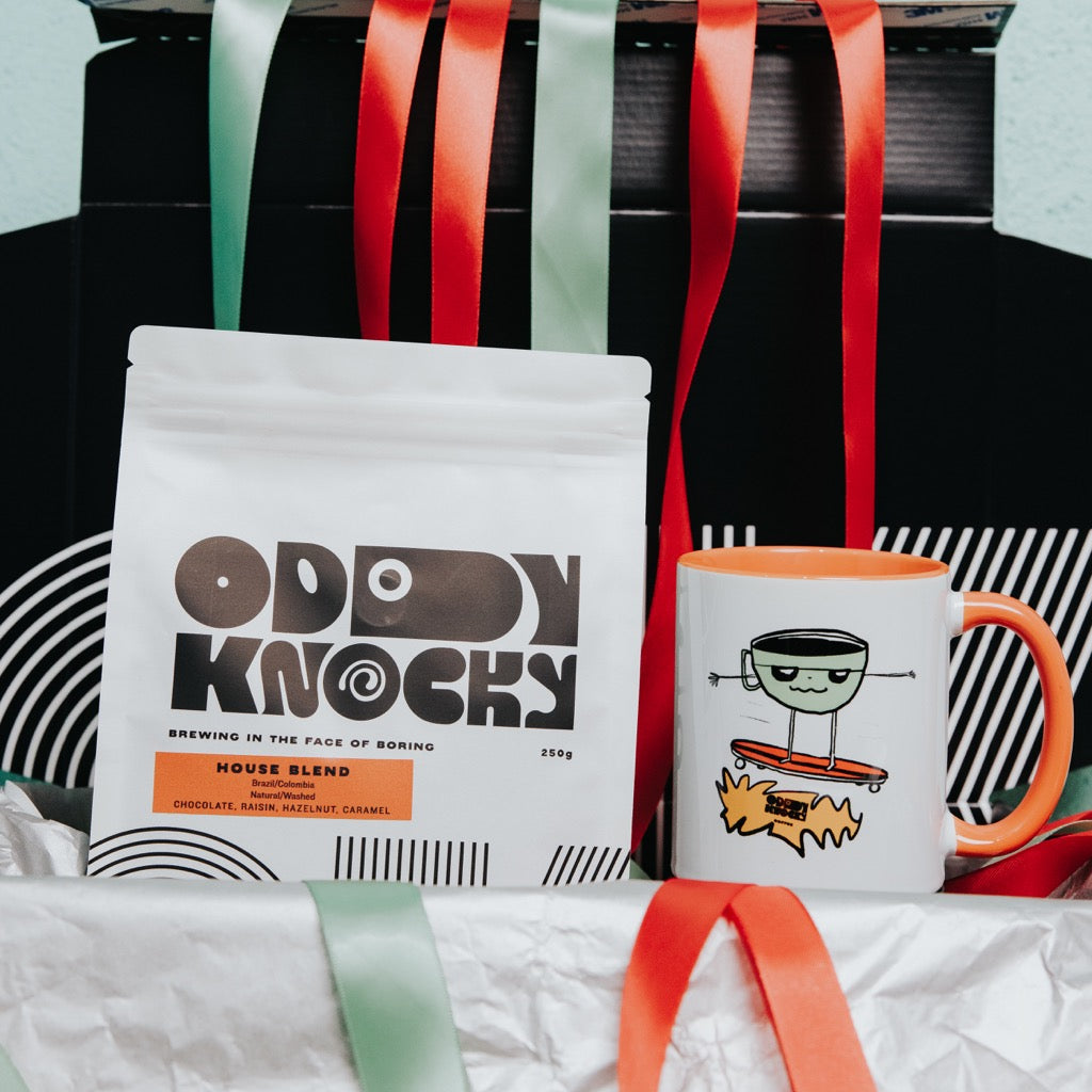 House blend and mug in box