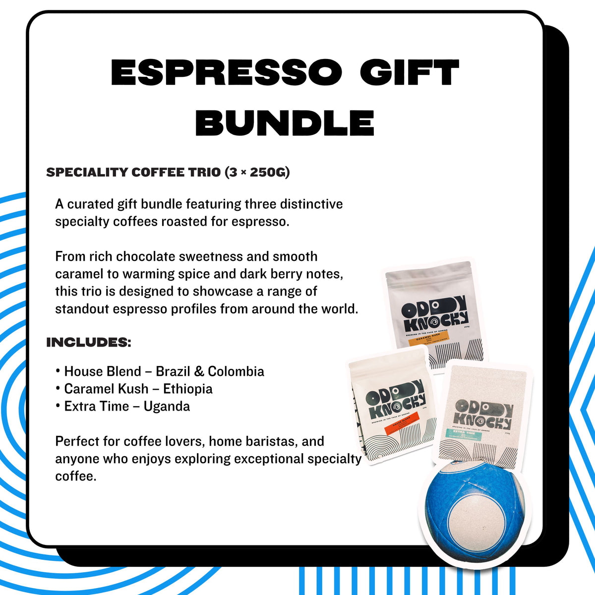 Promotional graphic for an espresso gift bundle featuring three speciality coffee bags and a blue coffee maker on a white card with black text and blue curved stripes at the corners.