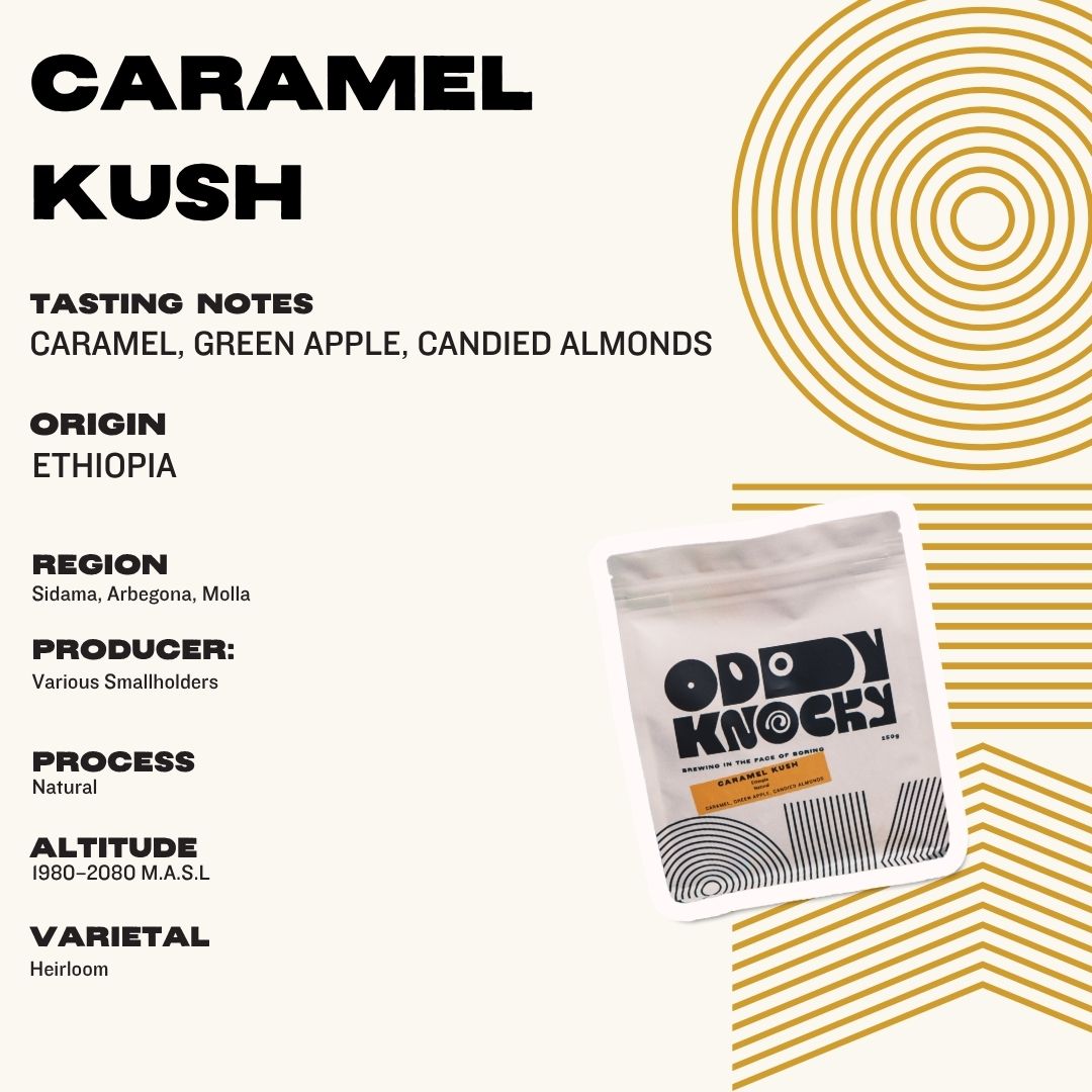 Caramel Kush Ethiopia Single Origin Espresso Coffee packaging with tasting notes and details.